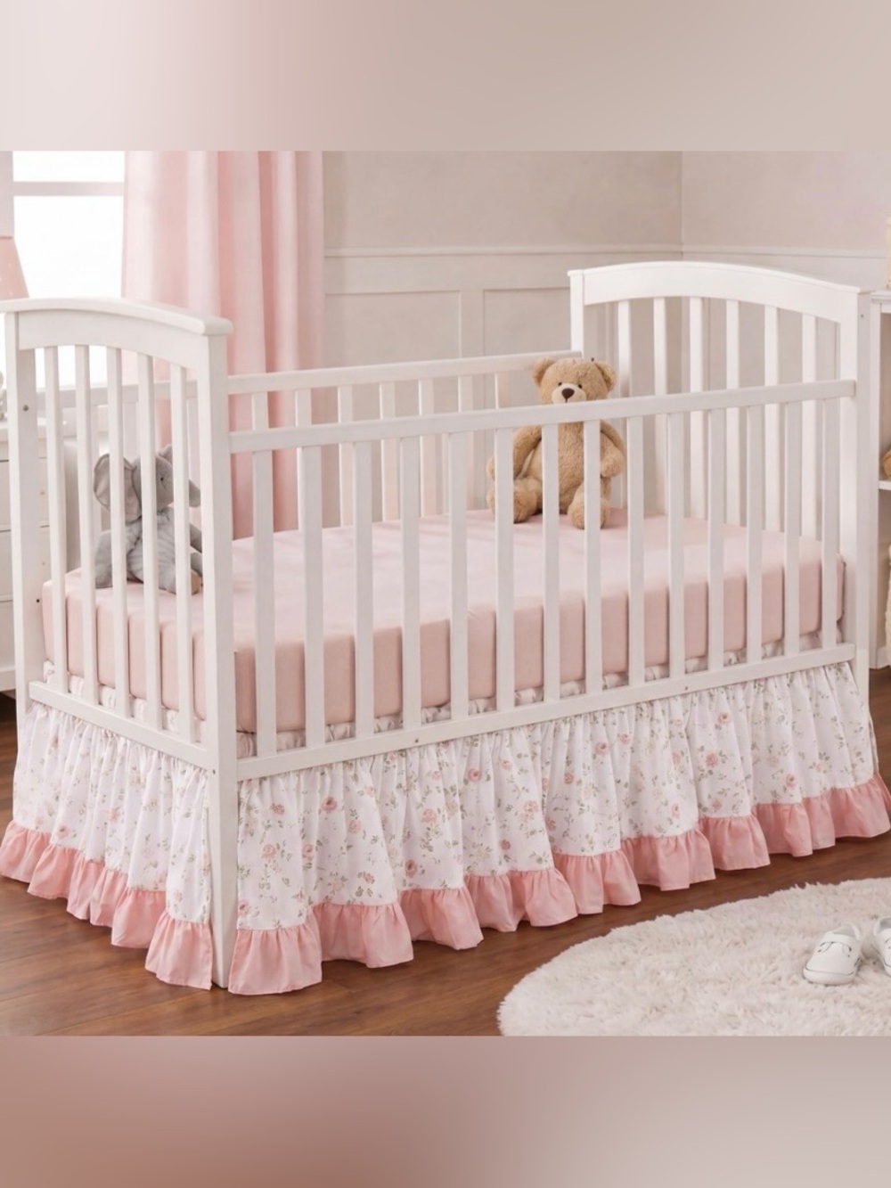 Farmhouse Ruffle Boho Crib Skirt 100% Washed Cotton 14” Drop - PINK FLORAL